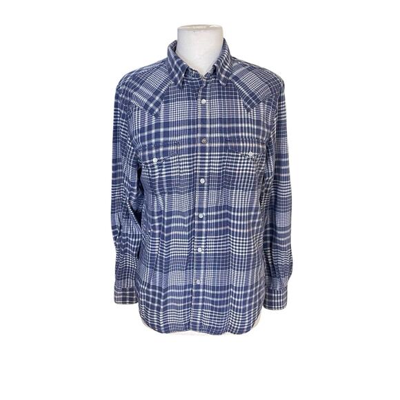 Guess LA 1981 -Blue Plaid Flannel Pearl Snap Button Up Shirt Women’s Sz Medium - Picture 1 of 16